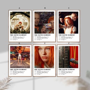 May include: A collection of six movie posters for The Fifth Element, each featuring a different scene from the film, including characters with orange hair, futuristic cityscapes, and a multi-pass card, all with white borders and black text.