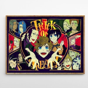 May include: A framed anime-style art print with a Halloween theme. The artwork features multiple cartoon characters with various hair colors and expressions. The words "Trick or Treat" are prominently displayed in the center.