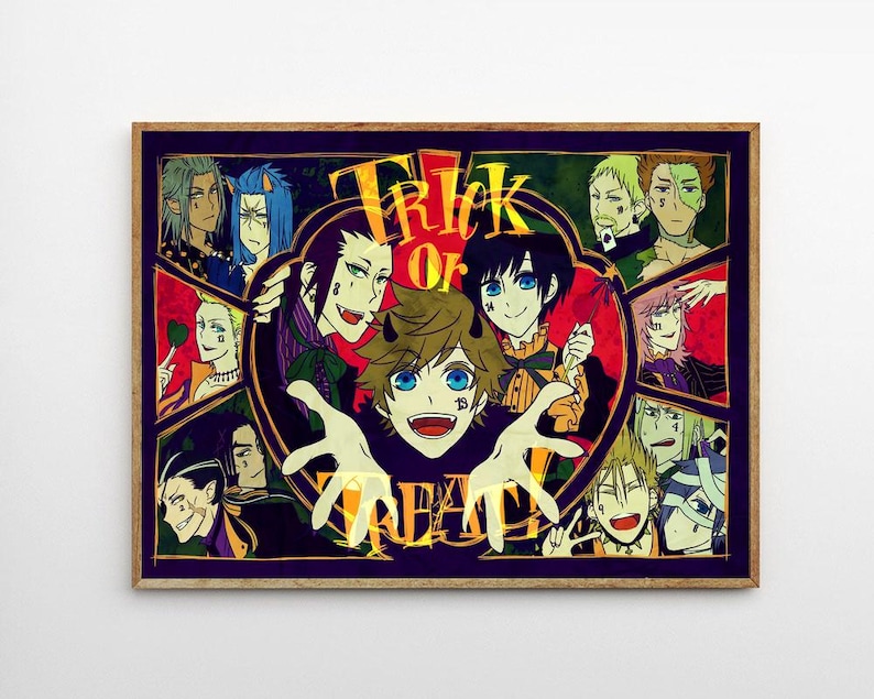 May include: A framed anime-style art print with a Halloween theme. The artwork features multiple cartoon characters with various hair colors and expressions. The words "Trick or Treat" are prominently displayed in the center.