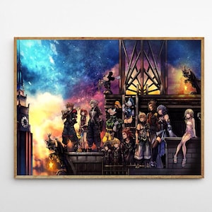 May include: A framed print featuring a group of anime-style characters on a rooftop with a colorful night sky background. The artwork has a wooden frame and depicts a variety of characters in action poses, with a clock tower on the left.