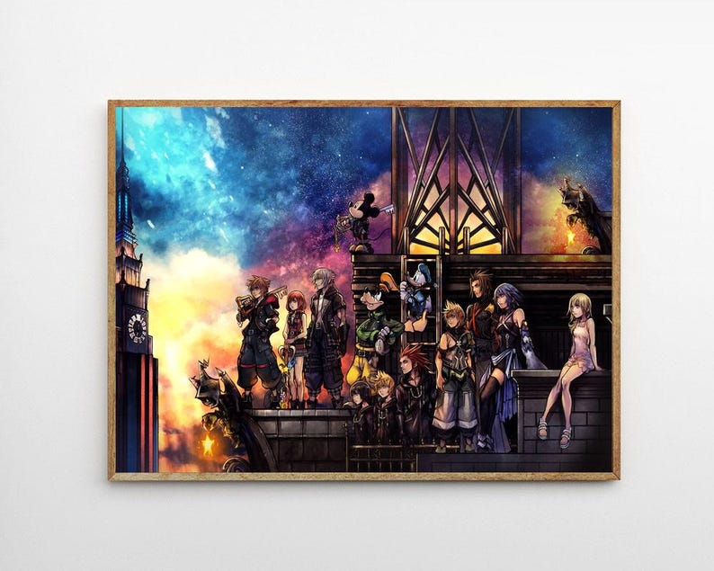 May include: A framed print featuring a group of anime-style characters on a rooftop with a colorful night sky background. The artwork has a wooden frame and depicts a variety of characters in action poses, with a clock tower on the left.