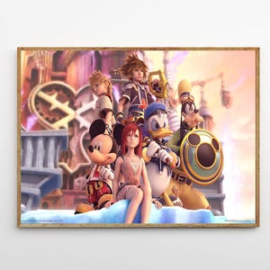 May include: A framed print featuring a group of animated characters. The characters include Mickey Mouse, Donald Duck, Goofy, and others. The background shows a fantasy cityscape with a clock tower and other architectural elements. The print is in a wooden frame.