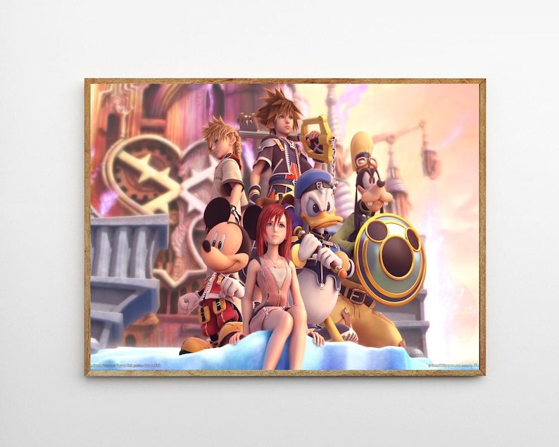 May include: A framed print featuring a group of animated characters. The characters include Mickey Mouse, Donald Duck, Goofy, and others. The background shows a fantasy cityscape with a clock tower and other architectural elements. The print is in a wooden frame.