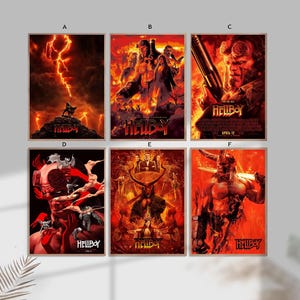 May include: Six framed movie posters featuring the character Hellboy in various action poses. The posters are predominantly red and orange, with the title "Hellboy" prominently displayed. The posters are arranged in a grid.