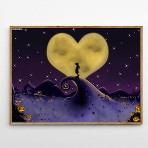 May include: A framed print featuring a silhouette of a figure standing on a hill, with a heart-shaped moon in the background. The scene is set against a starry purple sky, with pumpkins and a swirling hill design.