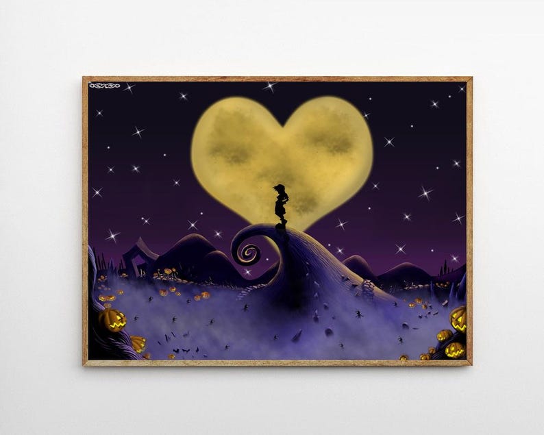 May include: A framed print featuring a silhouette of a figure standing on a hill, with a heart-shaped moon in the background. The scene is set against a starry purple sky, with pumpkins and a swirling hill design.
