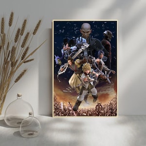 May include: A framed poster featuring a group of animated characters with weapons, set against a dark, starry background and a fiery landscape. The characters are in various action poses, with detailed armor and clothing.