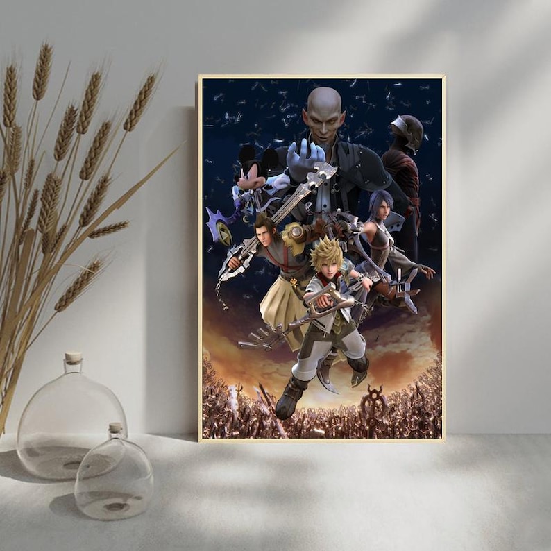 May include: A framed poster featuring a group of animated characters with weapons, set against a dark, starry background and a fiery landscape. The characters are in various action poses, with detailed armor and clothing.
