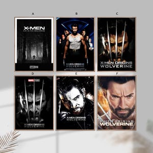 Peut inclure: Six affiches encadrées du film "X-Men Origins: Wolverine". Les affiches présentent des images du personnage Wolverine, avec du texte comprenant le titre du film et les logos des studios. Les affiches sont de styles variés, avec des schémas de couleurs sombres et dramatiques.