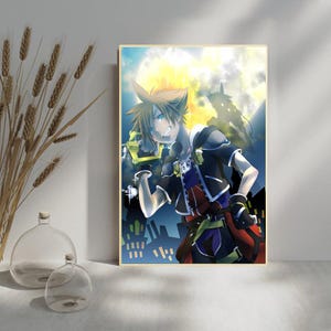 May include: A framed anime-style print featuring a character with spiky blonde hair and blue eyes, holding a yellow weapon. The character is dressed in a black and red outfit, set against a cityscape and a large, bright moon. The artwork has a cartoonish style.