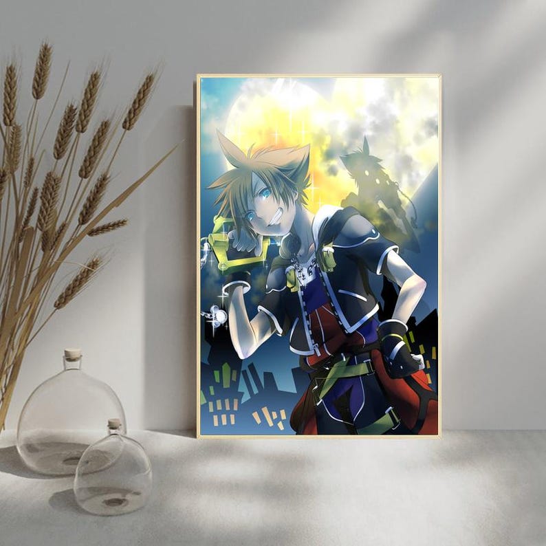 May include: A framed anime-style print featuring a character with spiky blonde hair and blue eyes, holding a yellow weapon. The character is dressed in a black and red outfit, set against a cityscape and a large, bright moon. The artwork has a cartoonish style.