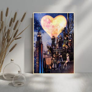 May include: A framed art print featuring a vibrant anime-style illustration. The artwork depicts a group of characters on a rooftop with a heart-shaped moon in the background. A tall building with a clock tower is also visible.