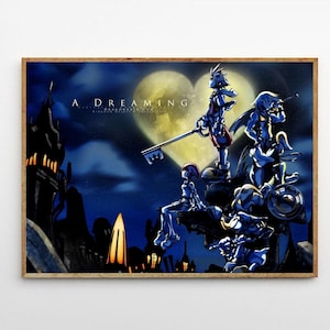 May include: A framed art print featuring a fantasy scene with characters and a key-shaped weapon. The artwork is set against a night sky with a heart-shaped moon. The text "A DREAMING" is visible at the top.