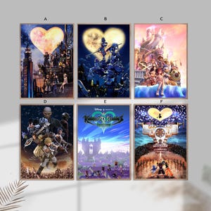 May include: Six framed Kingdom Hearts posters. Each poster features colorful artwork of characters and scenes from the video game. The posters have a variety of backgrounds, including cityscapes, castles, and fantasy settings. The posters are in wooden frames.