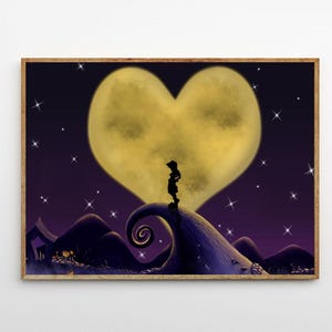May include: A framed art print featuring a silhouette of a figure standing on a hill, with a heart-shaped moon in the background. The artwork has a dark purple and yellow color scheme, with stars scattered across the night sky.