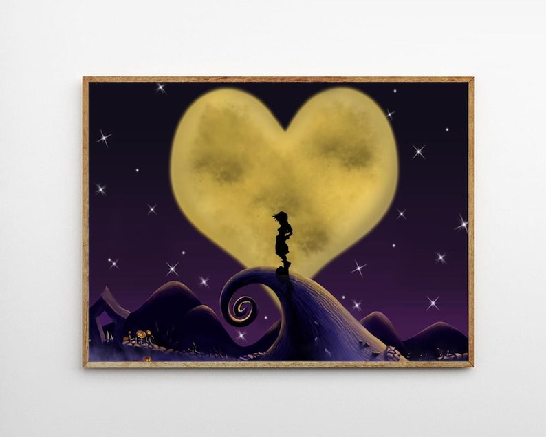 May include: A framed art print featuring a silhouette of a figure standing on a hill, with a heart-shaped moon in the background. The artwork has a dark purple and yellow color scheme, with stars scattered across the night sky.