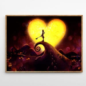 May include: A framed art print featuring a silhouette of a character holding a keyblade, standing atop a swirling hill. A large yellow heart-shaped moon glows in the background. The artwork has a dark, whimsical theme with pumpkin details.