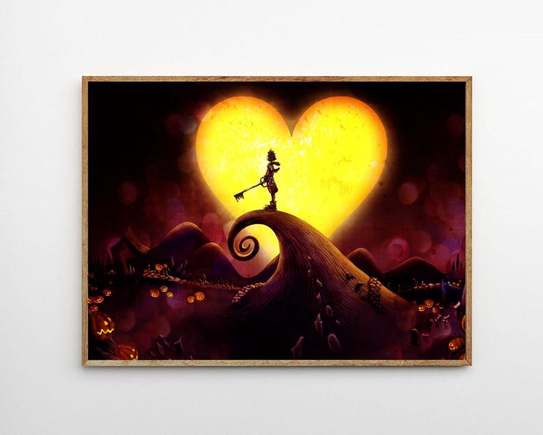 May include: A framed art print featuring a silhouette of a character holding a keyblade, standing atop a swirling hill. A large yellow heart-shaped moon glows in the background. The artwork has a dark, whimsical theme with pumpkin details.