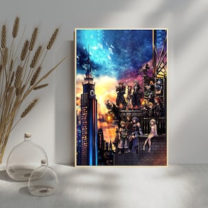 May include: A framed art print featuring a group of anime characters on a rooftop with a cityscape and a vibrant sunset sky. The artwork has a detailed, colorful style with a fantasy theme.