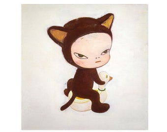 May include: An illustration of a child-like figure in a brown cat suit, with a stern expression, riding a white duck floatie. The artwork has a minimalist style with a white background and a focus on the central character.