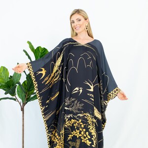 Kimono Prints Silk Black Caftan Long Sleeves, Gold Floral Silk Kaftan Maxi Dress, Japanese Kimono Prints Caftan Plus Size, Kaftan Loungewear