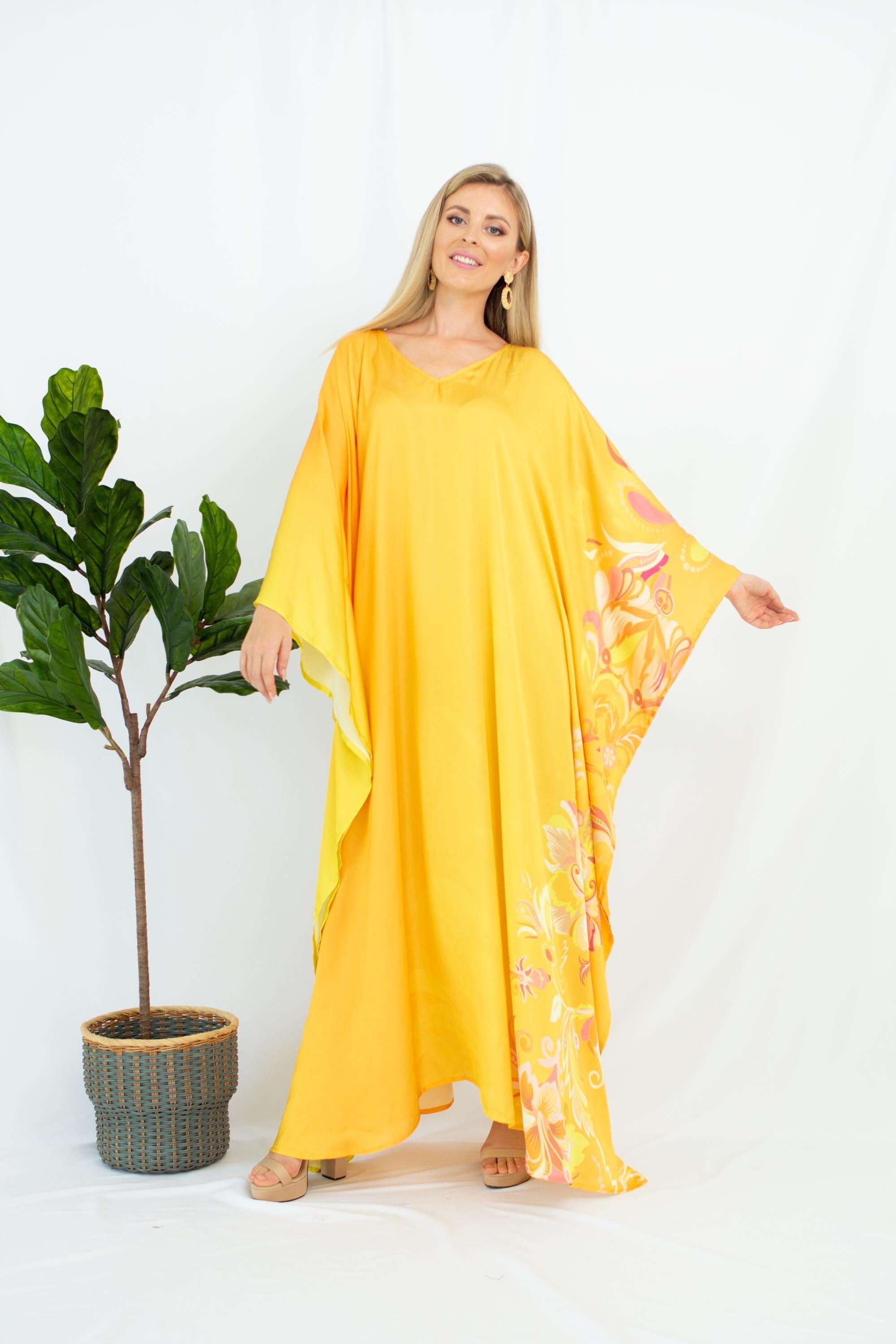 Holiday Dress Caftan Silk Kaftan Yellow Caftan Gift for Mom | Etsy