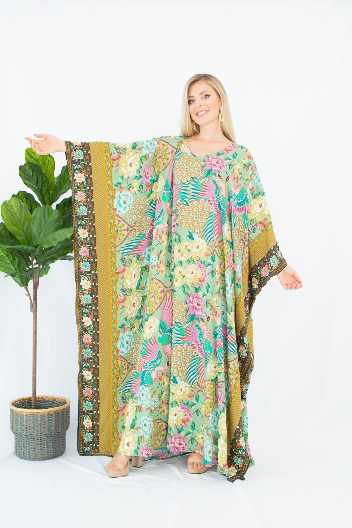 Peacock Kaftan Dress Cotton Caftan Maxi Vintage Kaftan Plus Etsy