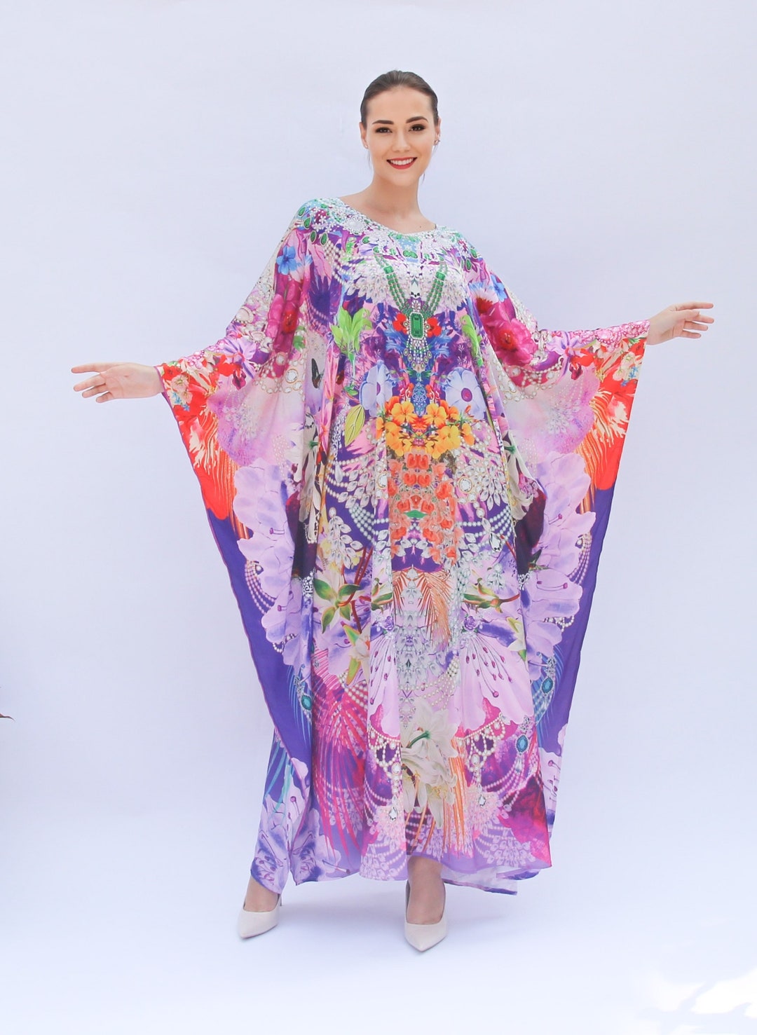 Floral Kaftan Wedding Dress, Lilac Kaftan Silk, Plus Size Kaftan Kimono