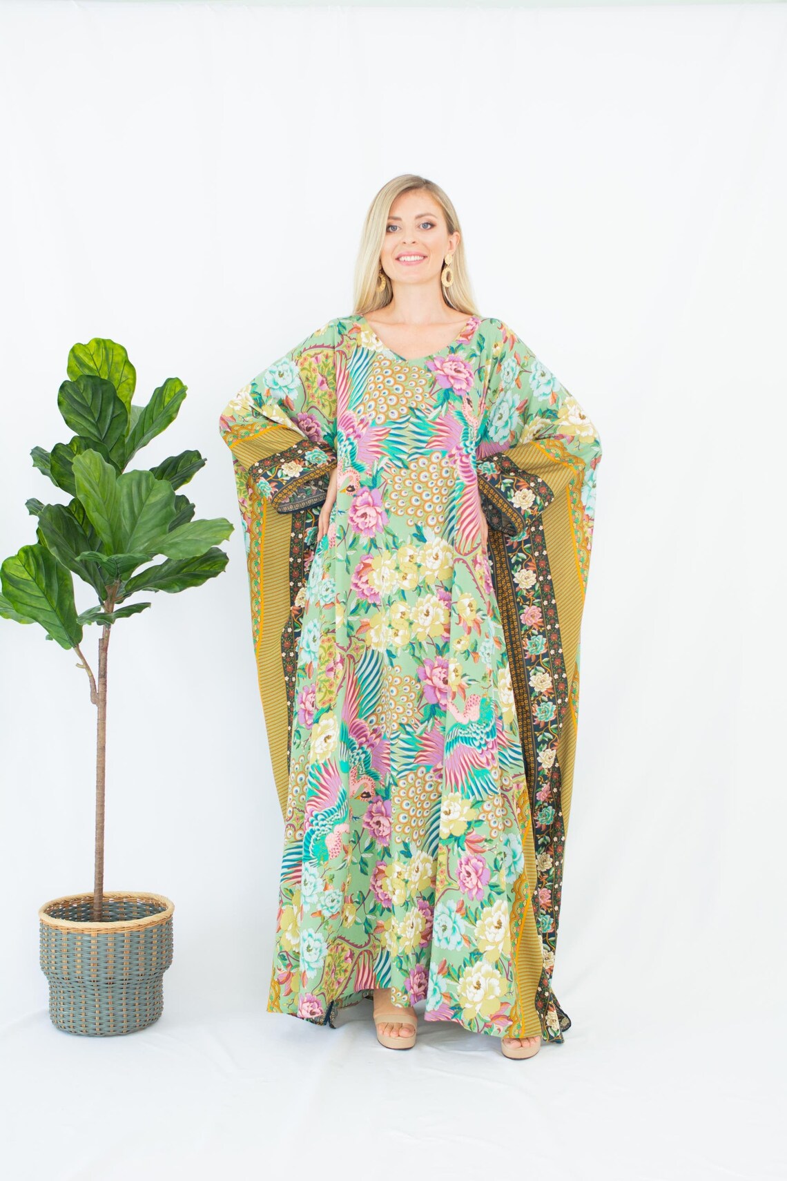 Peacock Kaftan Dress Cotton Caftan Maxi Vintage Kaftan Plus Etsy