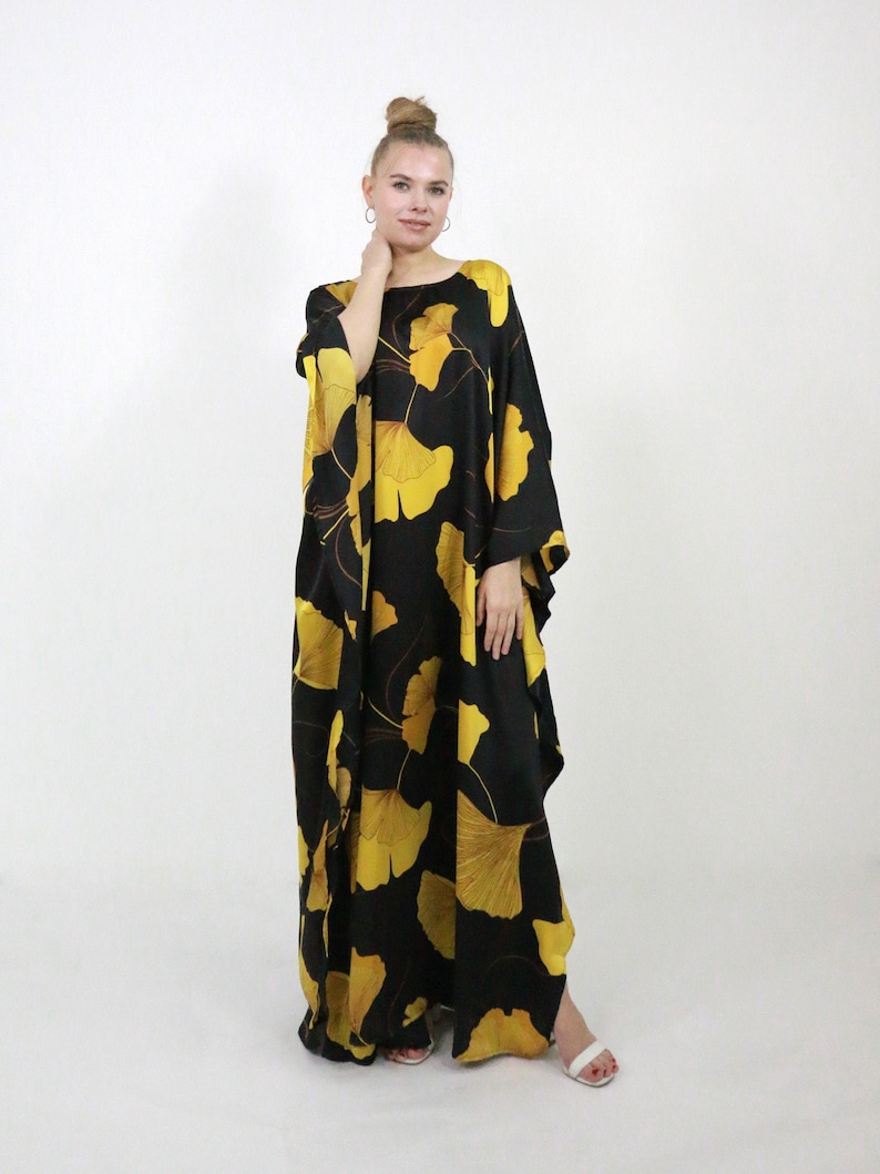 Gold Kaftan Large, Bohemian Kaftan, Bohemian Dress, Silk Kaftan Maxi Dress, Gingko Leaf Silk Black Caftan Dress, Japan Silk Kaftan Gift 