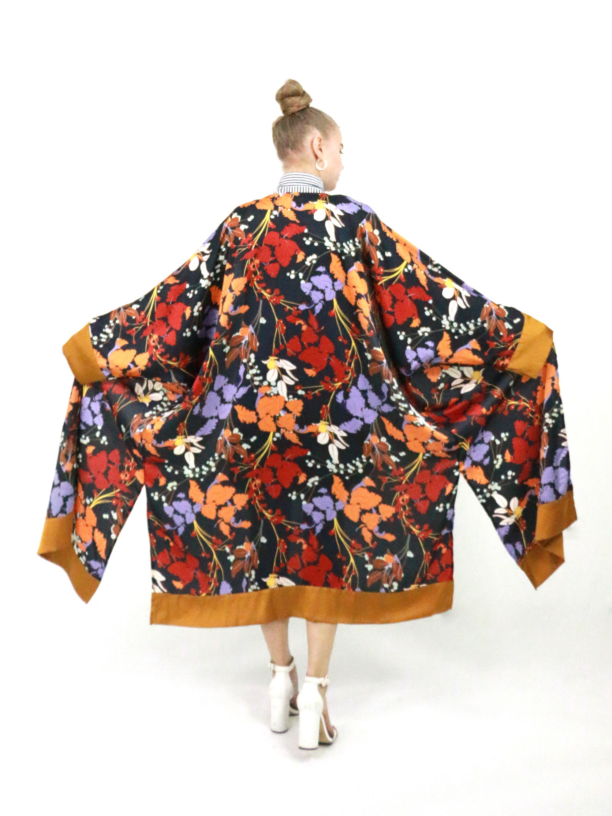 Ropa de seda Kimono Robe Long Japón Kimono Silk Floral Etsy