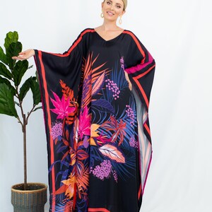 Tropical Prints Long Silk Black Dress, V Neck Line Black Silk Caftan ...