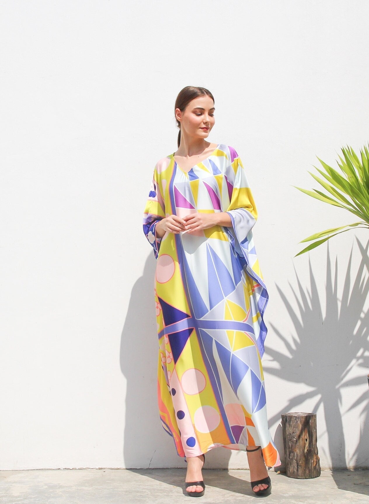 Abstract Print Orange Polyester Plus Size Kaftan For Women
