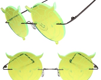 Mystische Baphomet Kopf Satanische Dämon Ziege Geätzte Runde Neon Grün Sonnenbrille