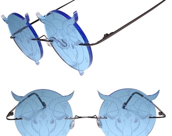Mystische Baphomet Kopf Satanic Demon Goat geätzte runde blaue Sonnenbrille