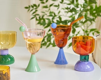 Colorful Cocktail Party Drinking Glass, Joyful and Funky Glass, Boho Style Summer Fun Glasses