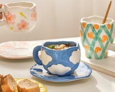 Tasse à café en céramique de fleur peinte à la main, ensemble de tasse et de soucoupe, bol en céramique fait à la main, plaid Gingham, nuage, ensemble de tasses à fleurs,