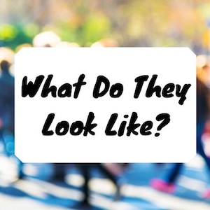Puede incluir: Un cartel blanco con texto negro que dice "What Do They Look Like?" El cartel está frente a un fondo borroso de personas caminando.