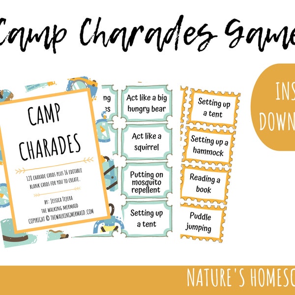 Camp Charades Spiel für die Familie - Spielen im Freien und Spiele für Kinder - Campingspiele für Kinder - Campground Aktivitäten - Camp Spiele für Familie