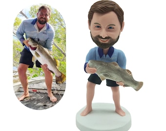 Personalized Fishing Bobblehead, Custom Fisherman Gift, Handmade Clay Sculpture