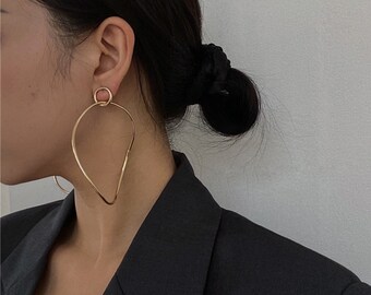 Dwcly Irregular Minimalist Geometric Stud Earrings Gold Plated Hollow Earrings