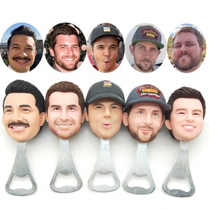 May include: Set of 8 personalized bottle openers featuring different people's faces. Each opener is made of metal and has a classic bottle opener design.
