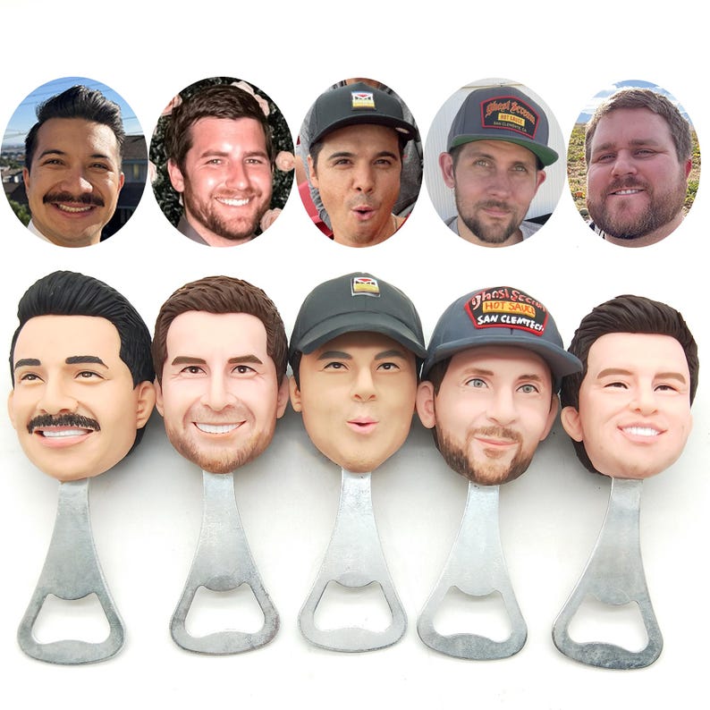 May include: Set of 8 personalized bottle openers featuring different people's faces. Each opener is made of metal and has a classic bottle opener design.