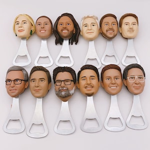 May include: Set of 12 bottle openers featuring different faces. Each opener is made of metal and has a silver finish. The faces are all different and have a realistic look.