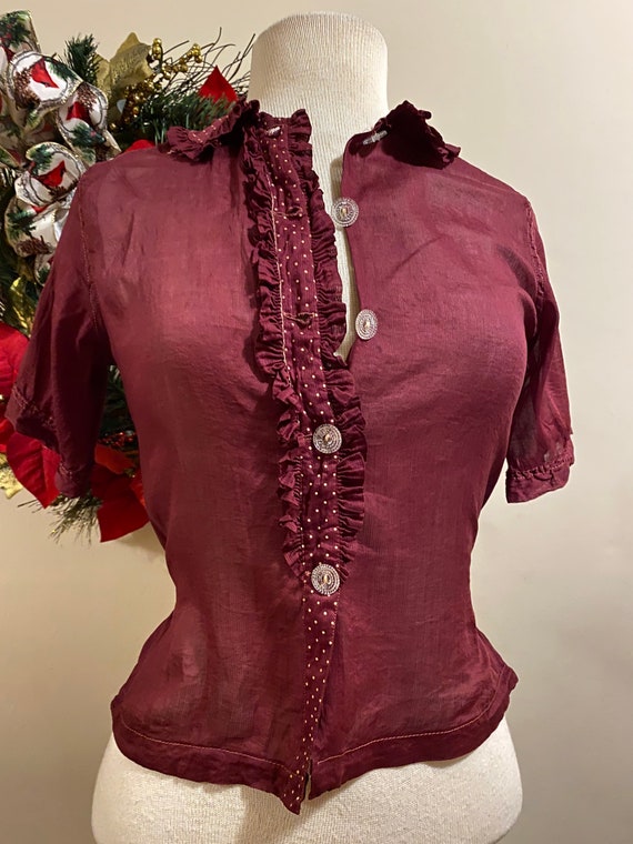 1940s Polka Dot Button Down Ruffle Blouse