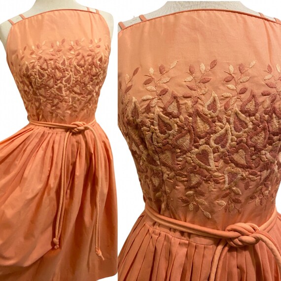 1950s Heart Embroidered Dress with Tie Belt