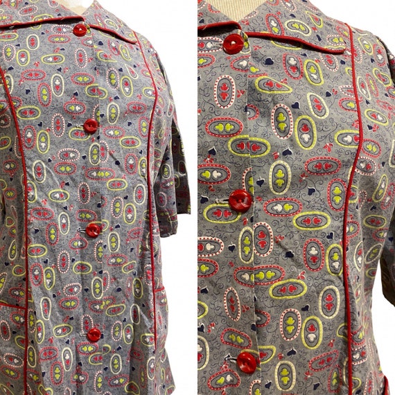 1940s Printed Artist’s Smock with Red Buttons