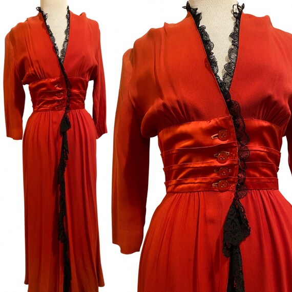 1940s Red Gown with Black Lace Trim