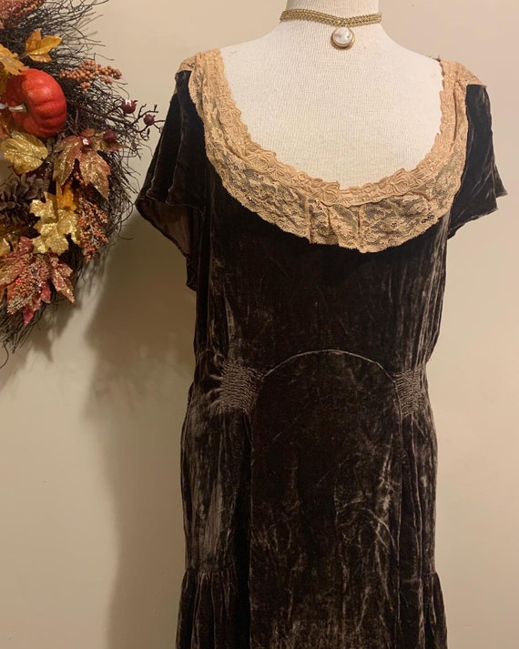 1920s Brown Velvet Dress with Cape and Lace