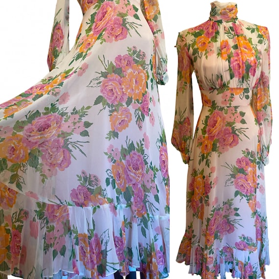1970s Floral Mock Neck Maxi with Ruffle Hem